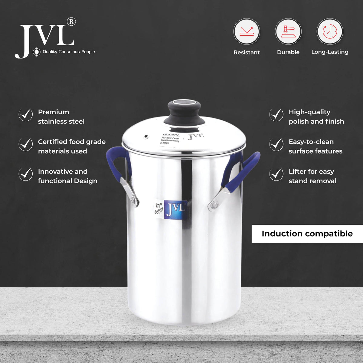 JVL Stainless Steel Idly Maker with lid, induction compatible, durable and easy-to-clean design for multi-purpose cooking.