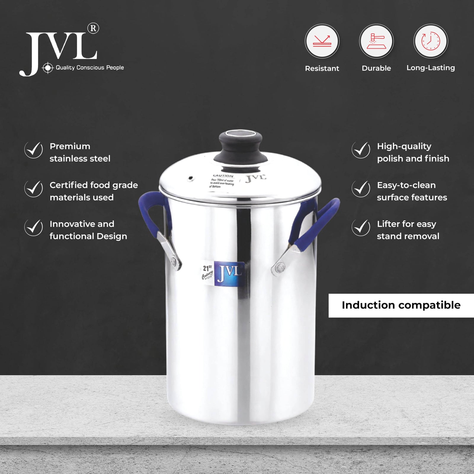 JVL Stainless Steel Idly Maker with lid, induction compatible, durable and easy-to-clean design for multi-purpose cooking.