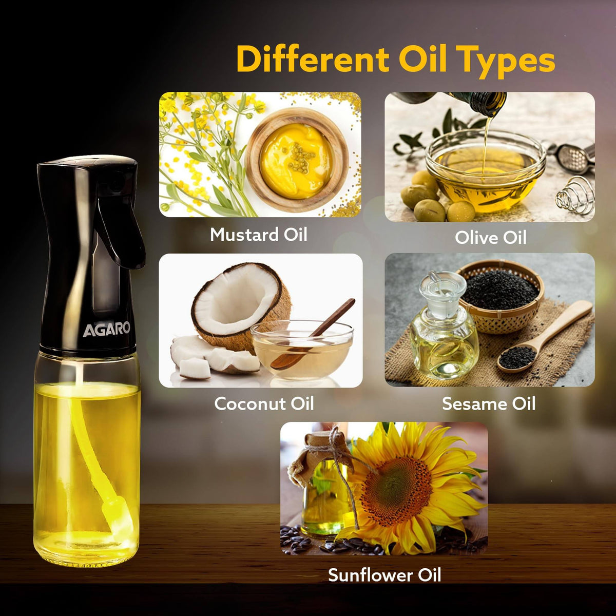 Oil bottle with images of different oil types and their names on a dark background
