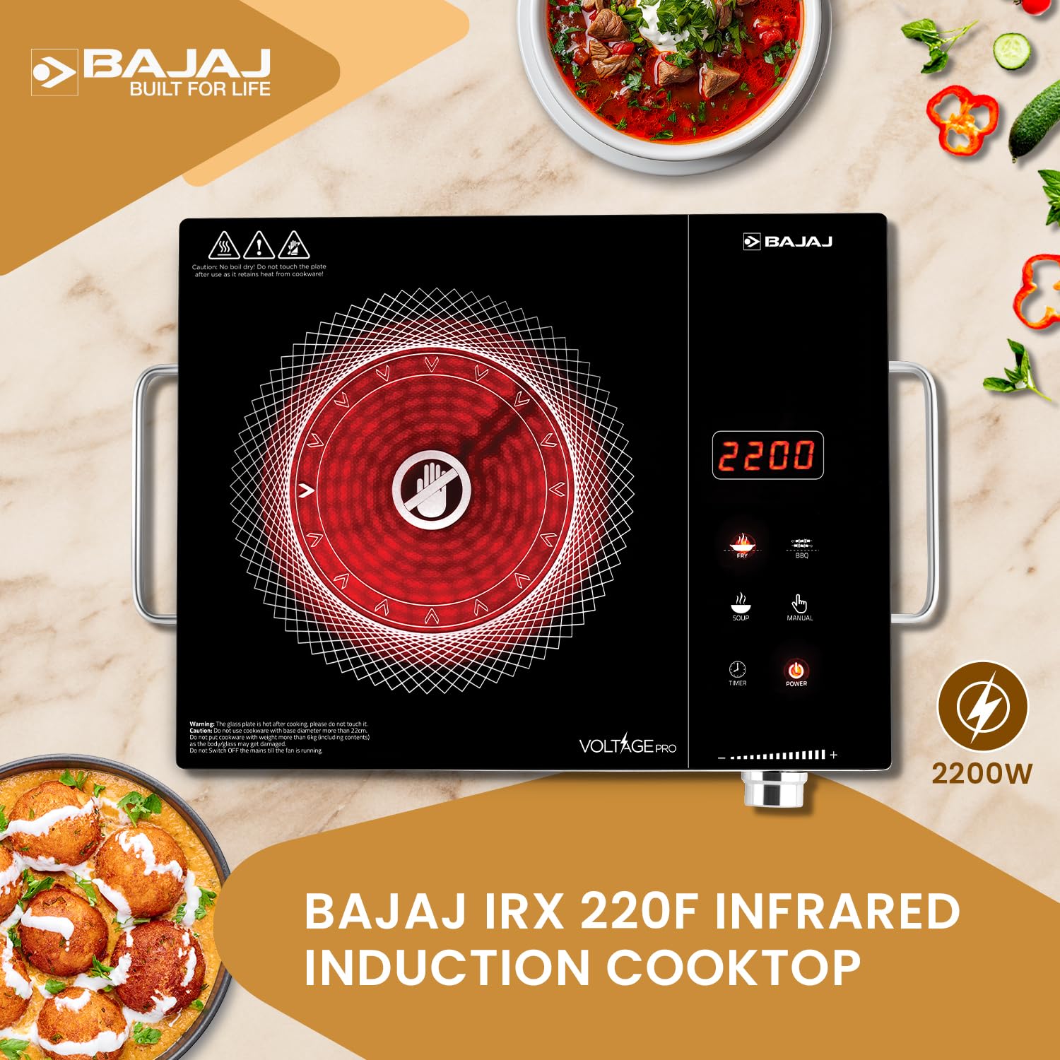 Bajaj IRX 220F 2200W infrared cooktop with feather touch controls and digital display in black and silver