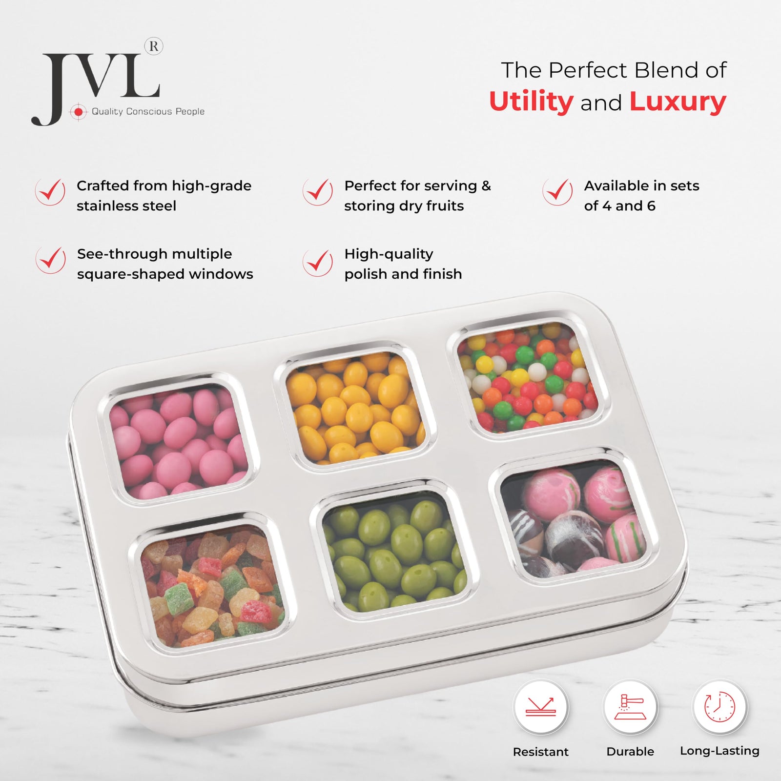 JVL Vista dry fruit tin holding almonds cashews and raisins
