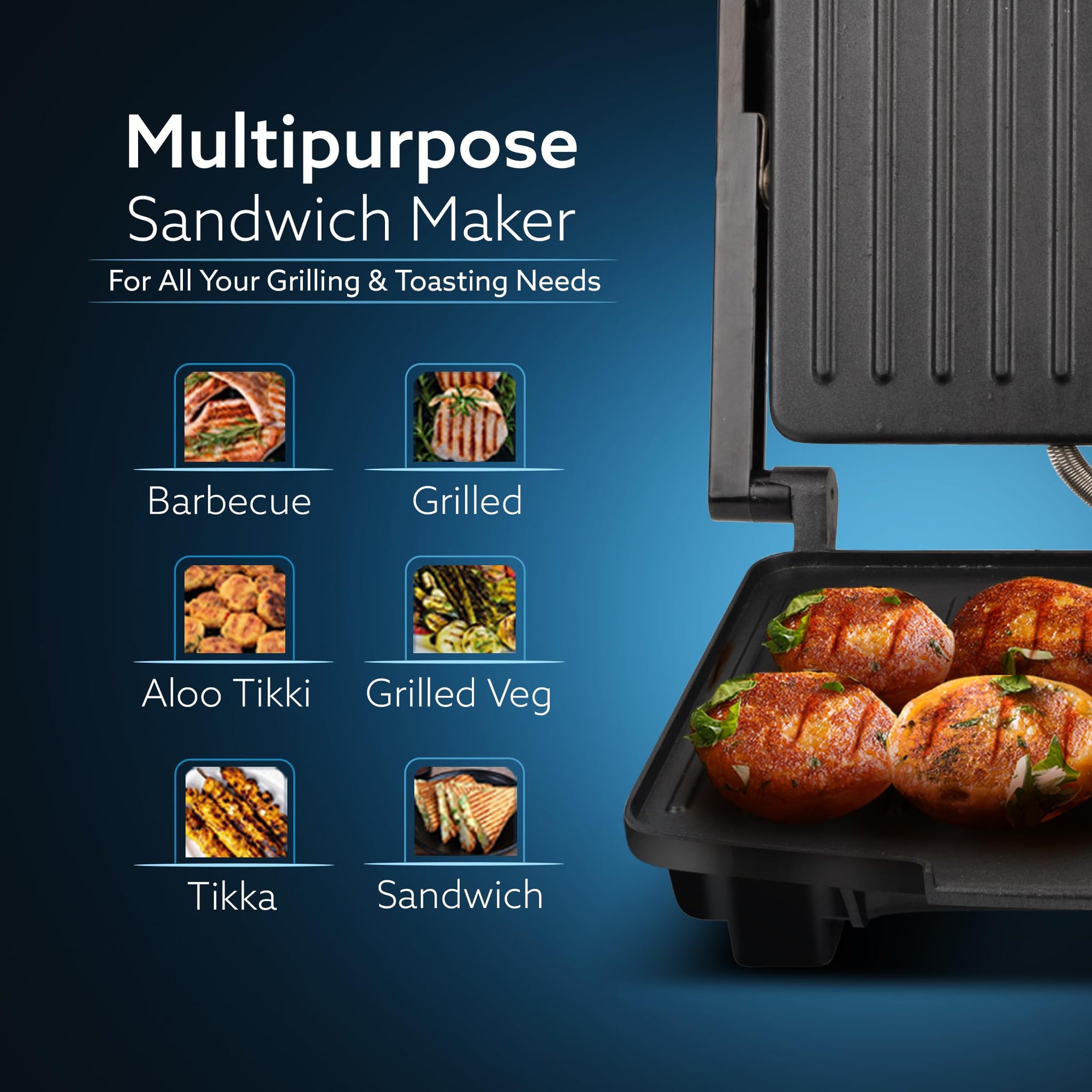 AGARO Royal sandwich maker showing floating hinges and oil collector tray design