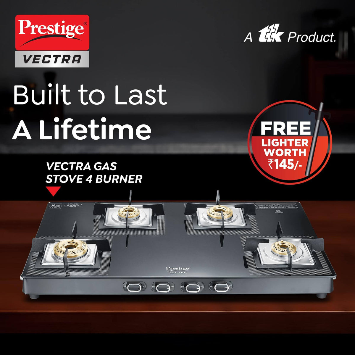 Prestige Vectra 4 Burner Glasstop Gas Stove with Toughened Glasstop