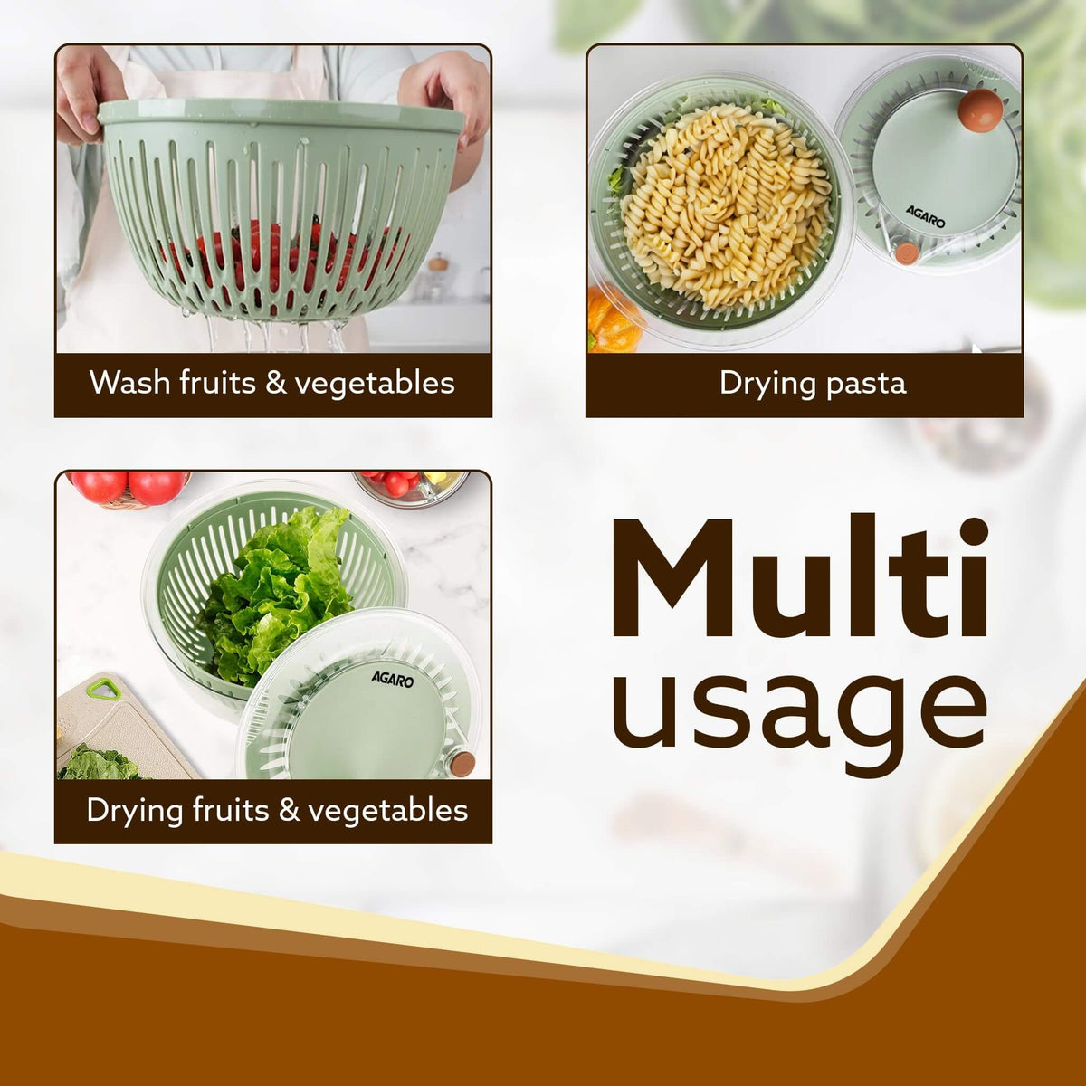 5-Liter AGARO Vegetable Cleaner showing removable basket and spinning mechanism