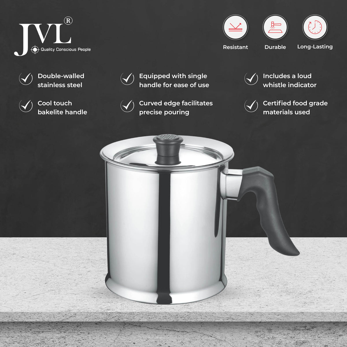 JVL Stainless Steel Double Wall Milk Boiler Storage with Single Bakelite Handle