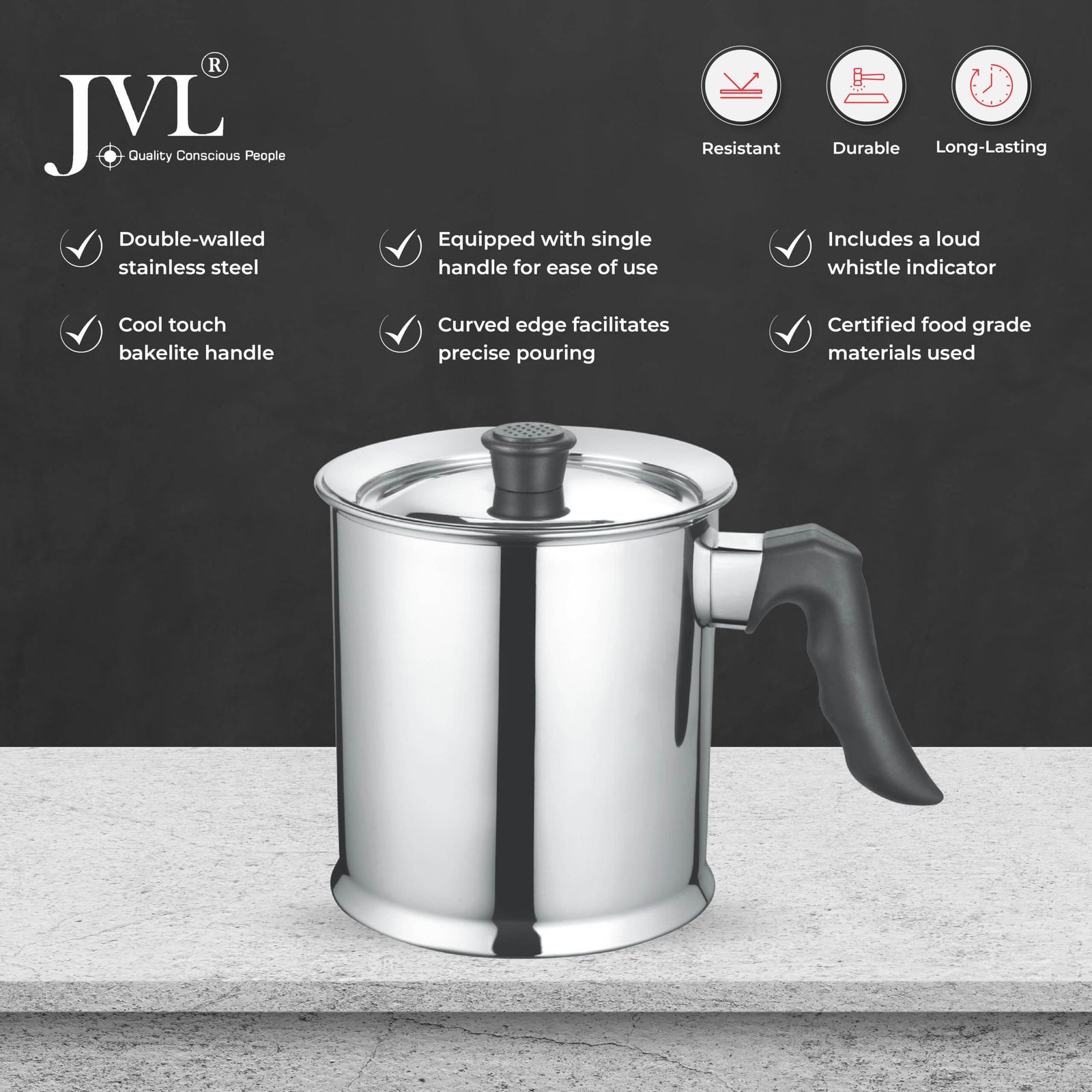 JVL Stainless Steel Double Wall Milk Boiler Storage with Single Bakelite Handle
