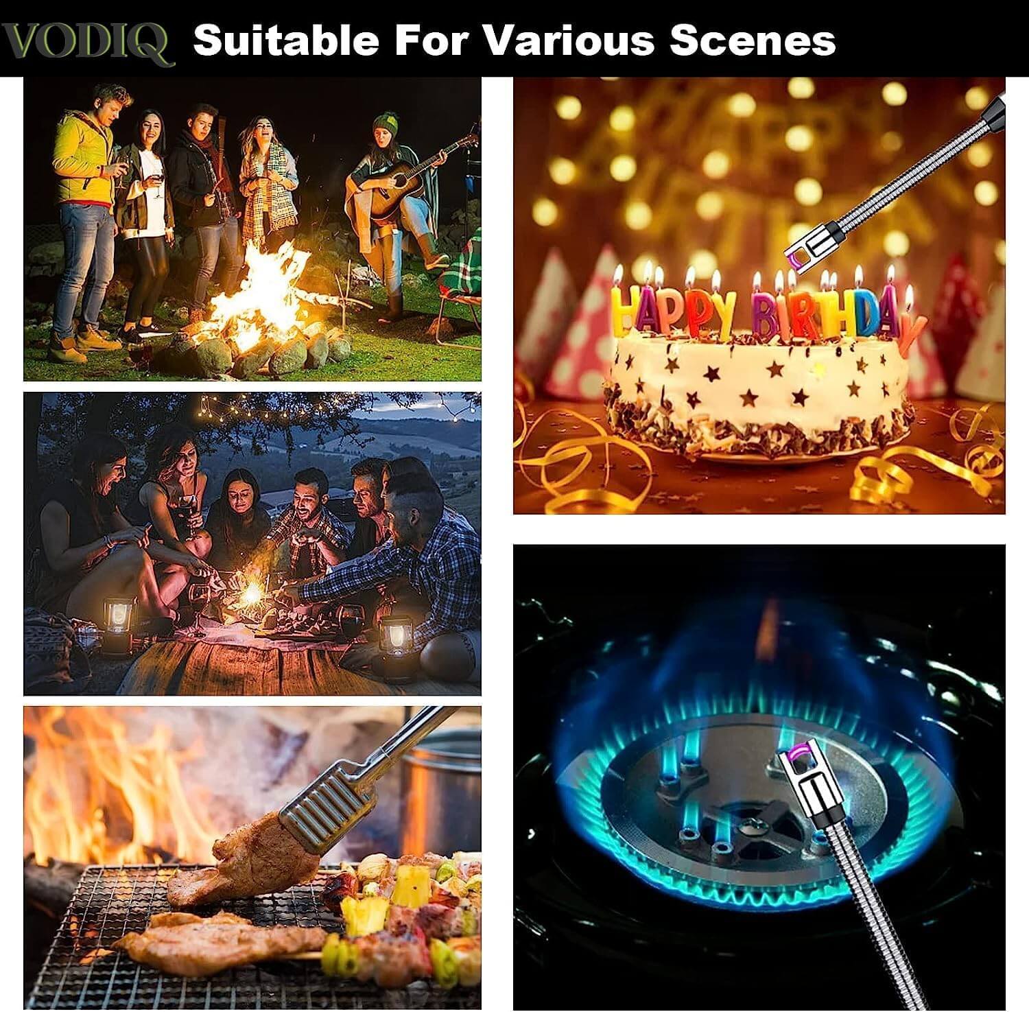 Electric lighter in various scenes: camping, birthday celebration, cooking at BBQ, and kitchen use with a gas stove.