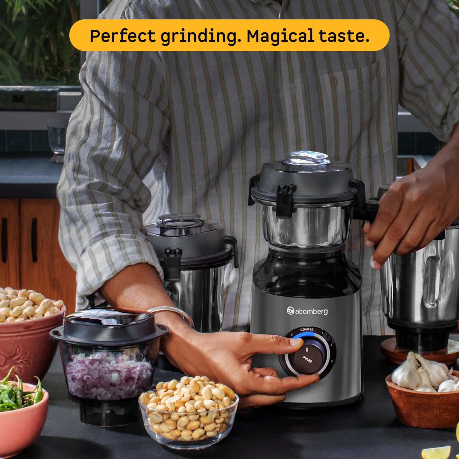 Sand grey Atomberg Zenova mixer grinder with coarse mode feature and anti-gravity lid locks displayed