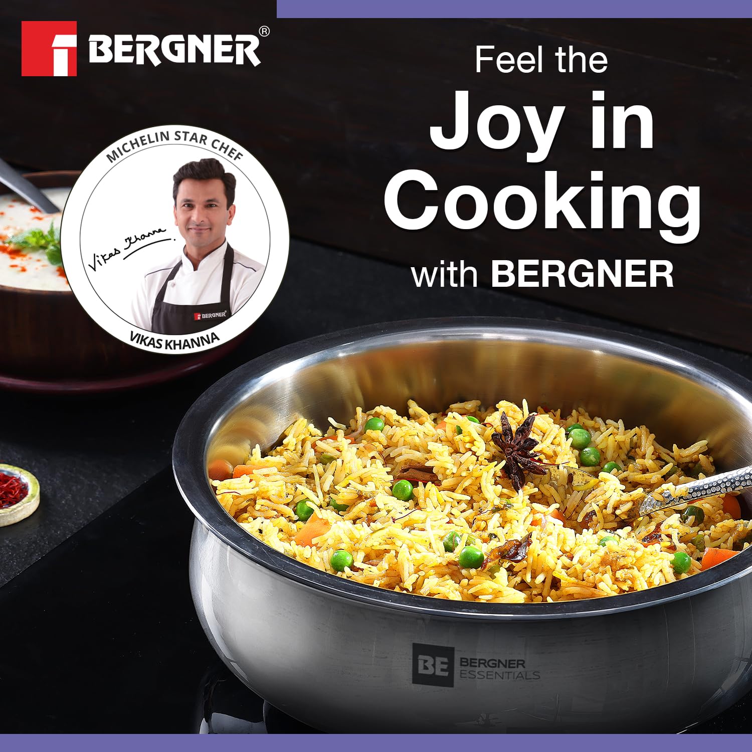 BE Bergner Essentials Tri-Ply Stainless Steel Biryani Handi with Lid, Even Heat Distribution, 5-Year Warranty