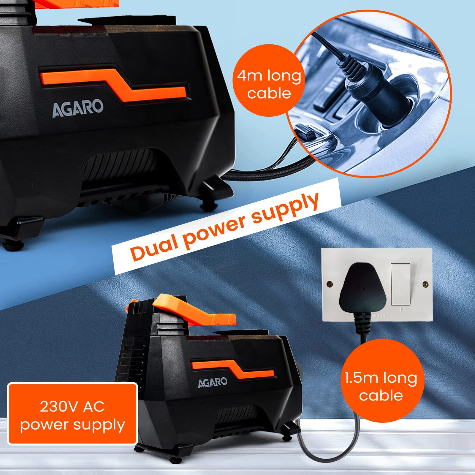 AGARO digital tyre inflator dimensions 21 x 11 x 15 cm with easy carry handle
