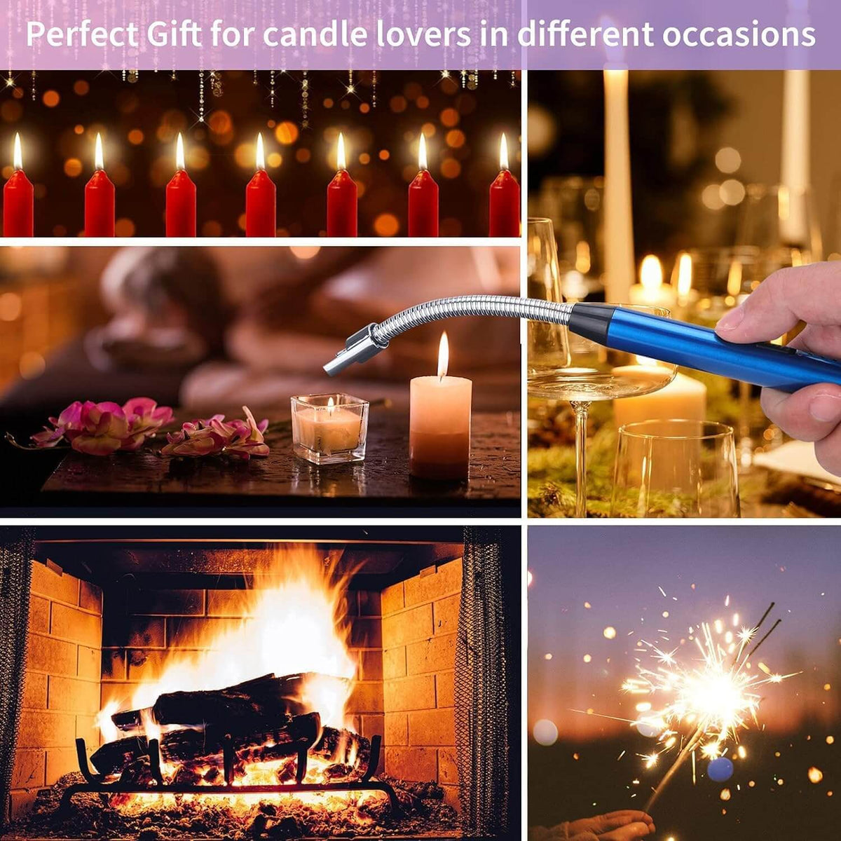 Collage of candlelit settings showcasing an electric lighter as a perfect gift for candle lovers.