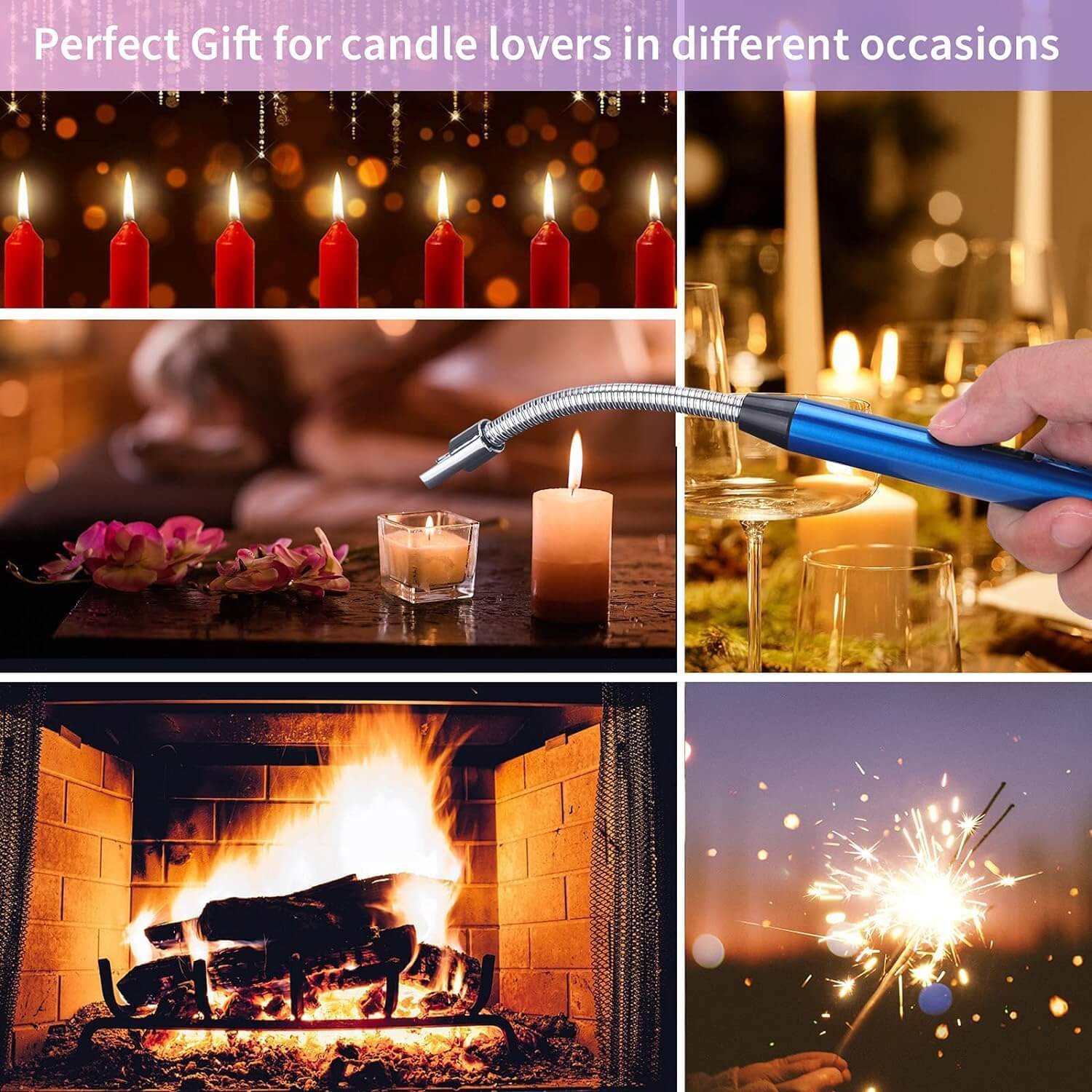 Collage of candlelit settings showcasing an electric lighter as a perfect gift for candle lovers.