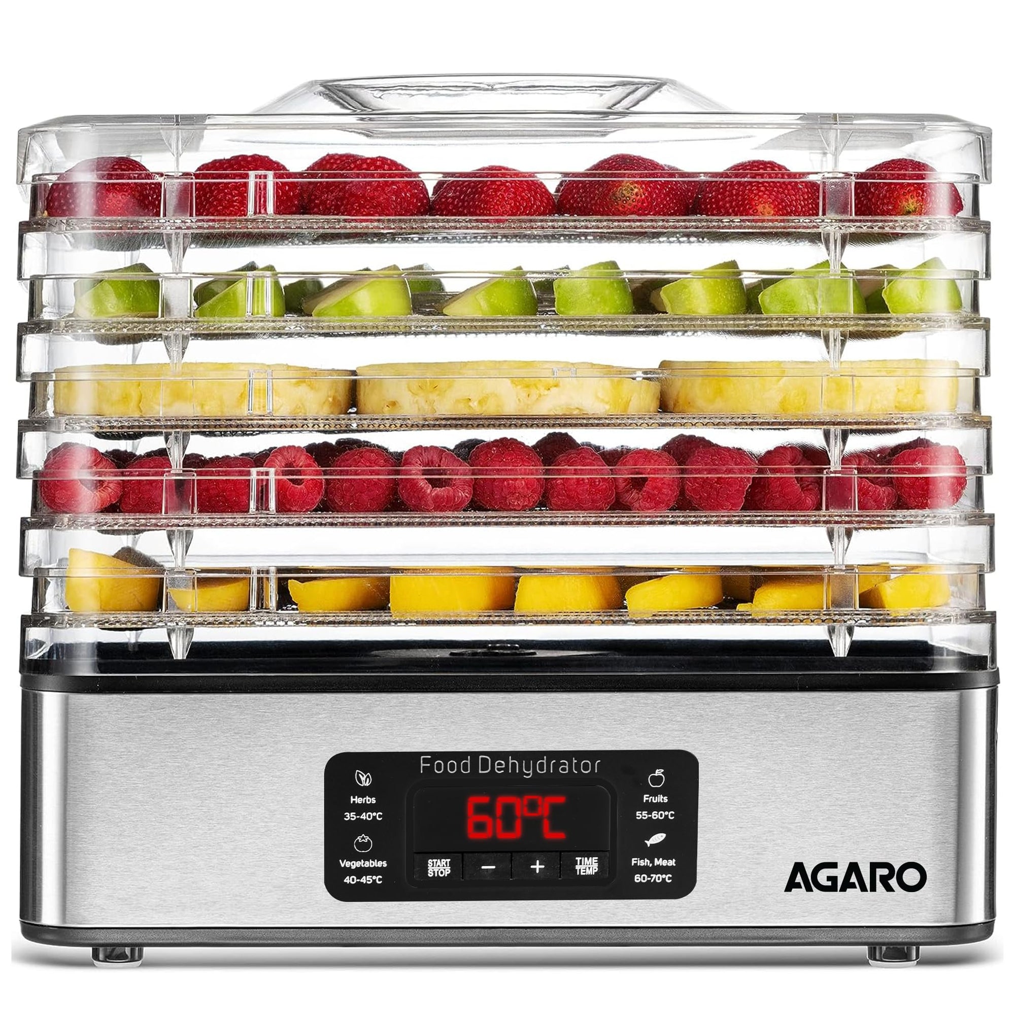 AGARO Regal Food Dehydrator, 5 Stackable Stainless Steel Trays, Digital Adjustable Timer & Temperature Control, Food Preserver Machine with Drying Capacity for Fruits, herbs, Veggies