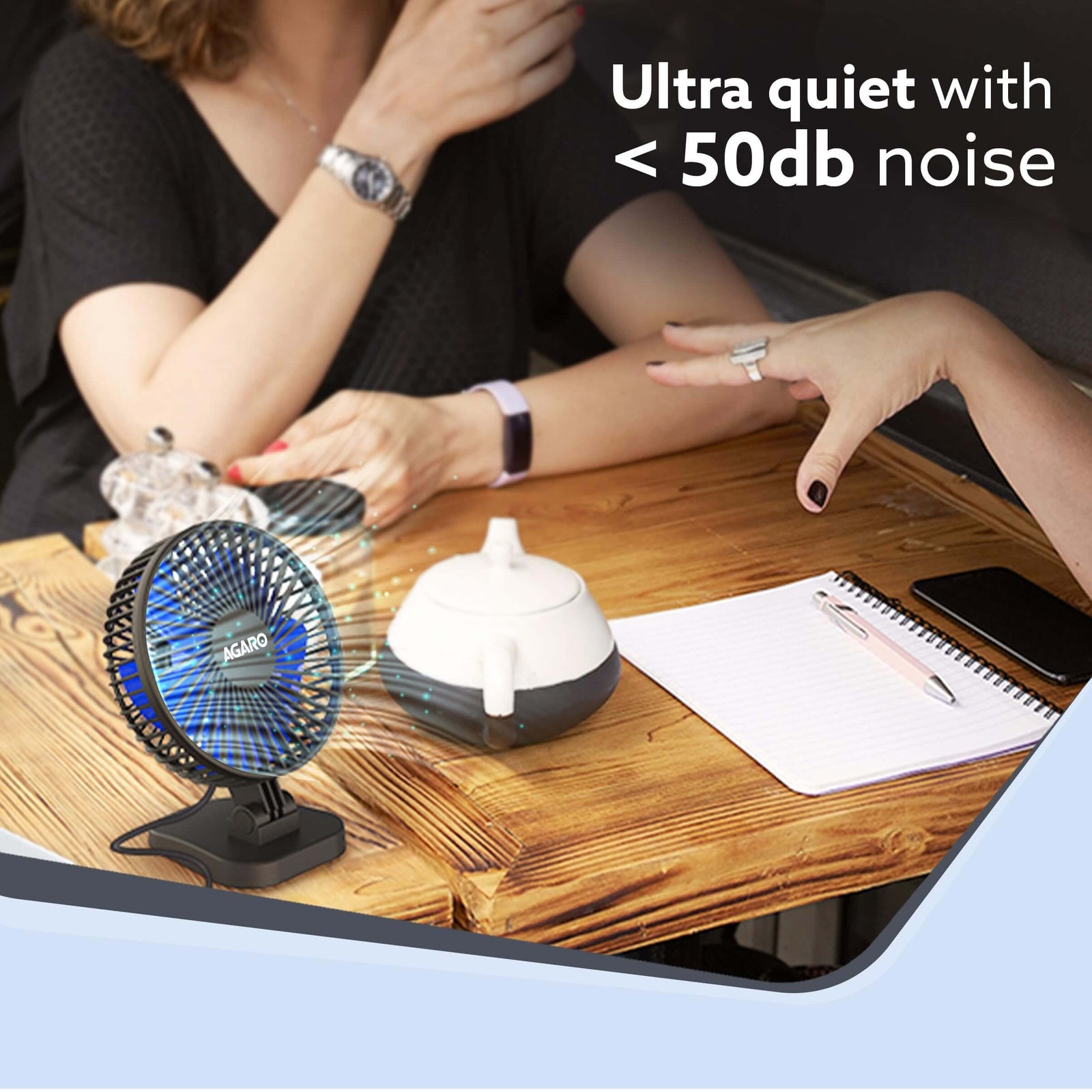 AGARO Breeze 4-Inch USB desktop fan with ultra-quiet operation below 50dB, perfect for work and relaxation.