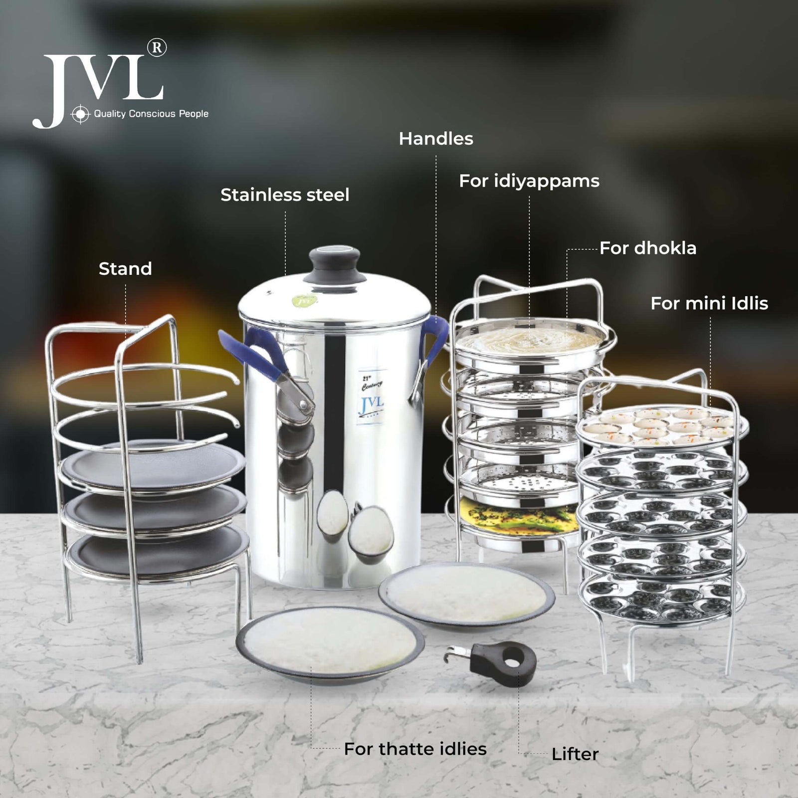 JVL Stainless Steel 15-Piece Idly Maker Set with thatte idly plates, idiyappam/dhokla plates, and mini idly plates on a kitchen countertop.