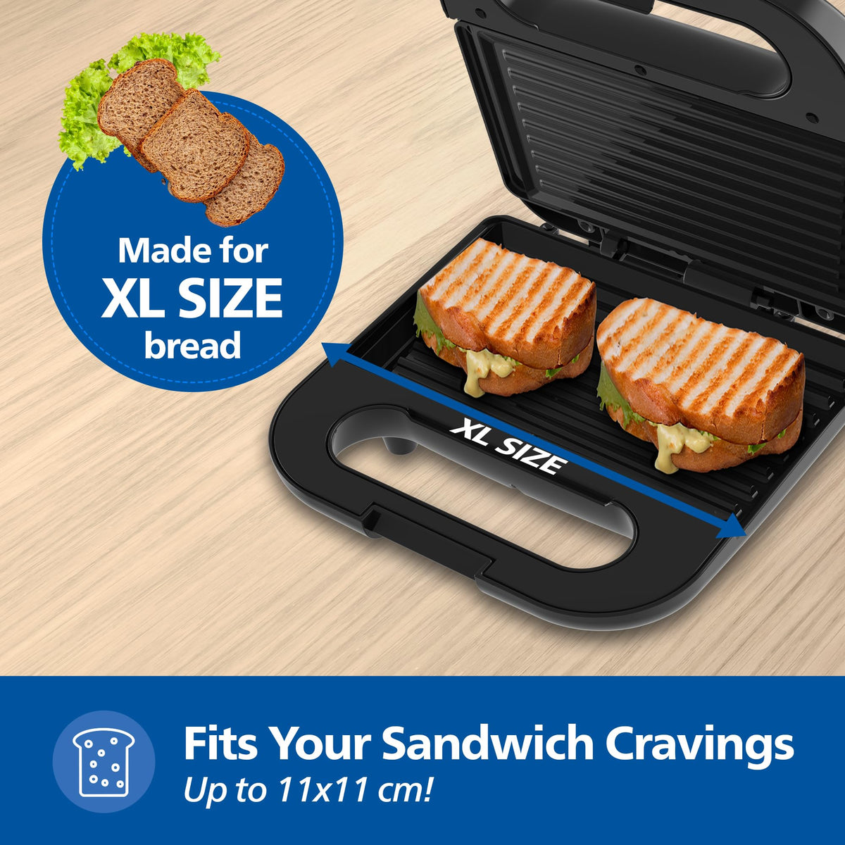 Philips HD3010/80 Sandwich Maker Grill 700W with XL Non-Stick Plates and Easy-Lock Lid
