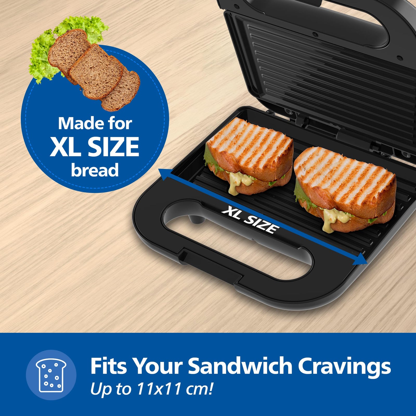 Philips HD3010/80 Sandwich Maker Grill 700W with XL Non-Stick Plates and Easy-Lock Lid