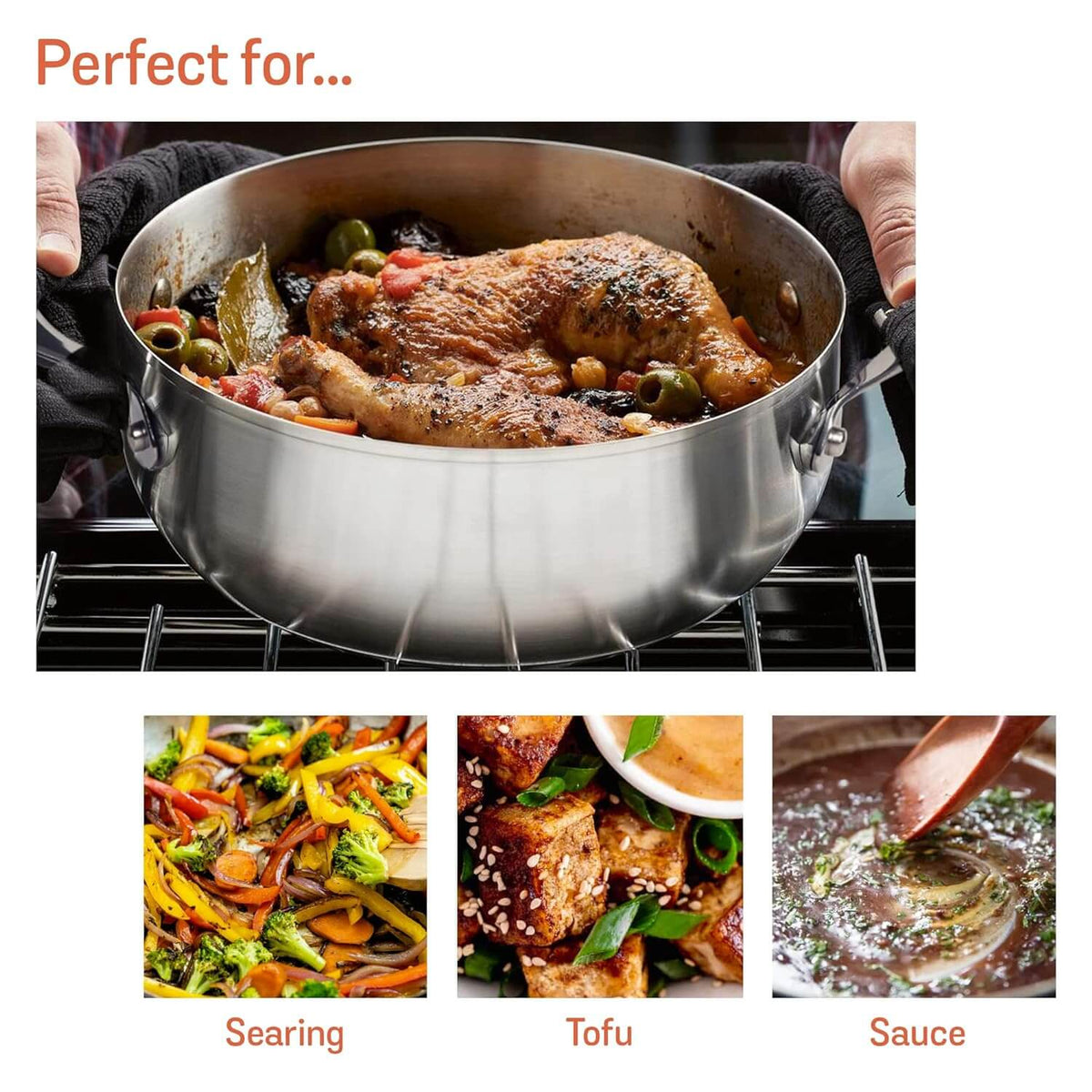 Meyer Select Nickel-Free Stainless Steel Sauteuse with Glass Lid | Triply Base Steel Pan | Gas & Induction Compatible | Dishwasher Safe