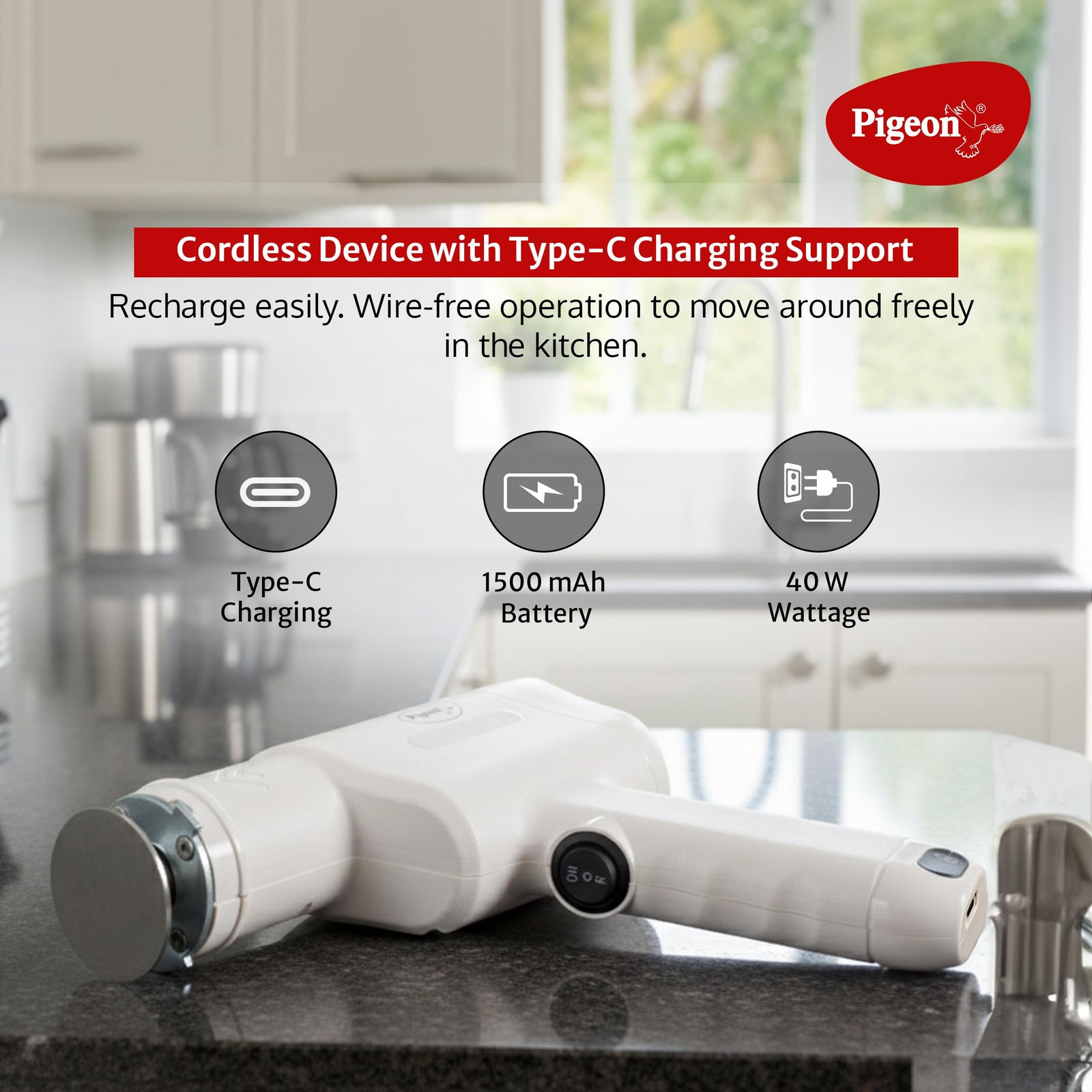 Cordless Type-C rechargeable noodle press by Pigeon cream colour