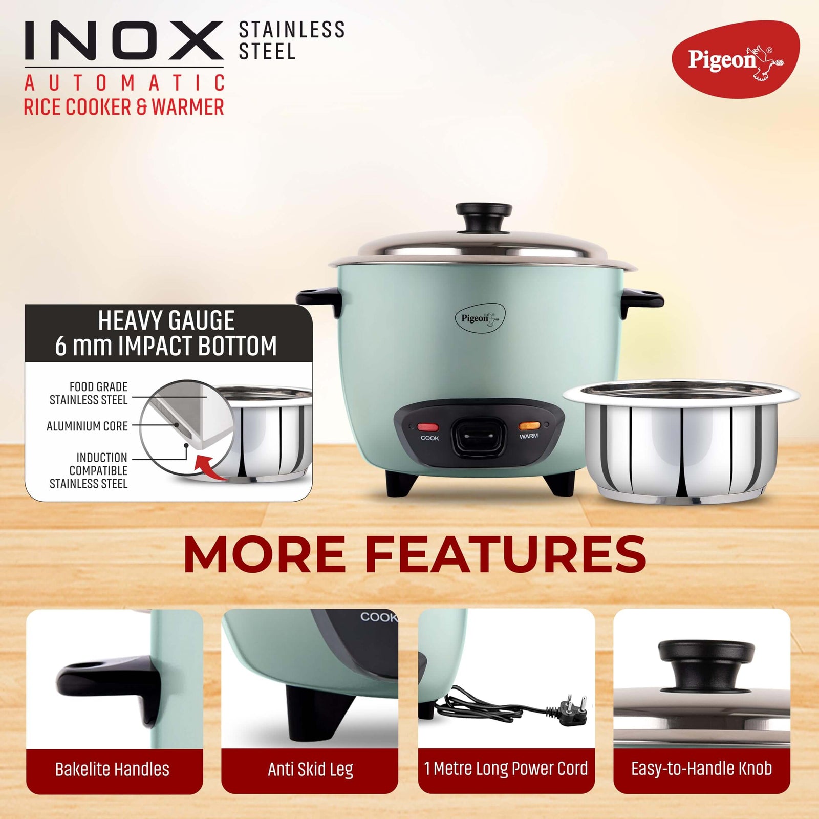 Pigeon Inox Rice Cooker (1L) – Compact & Durable with Stainless Steel Container