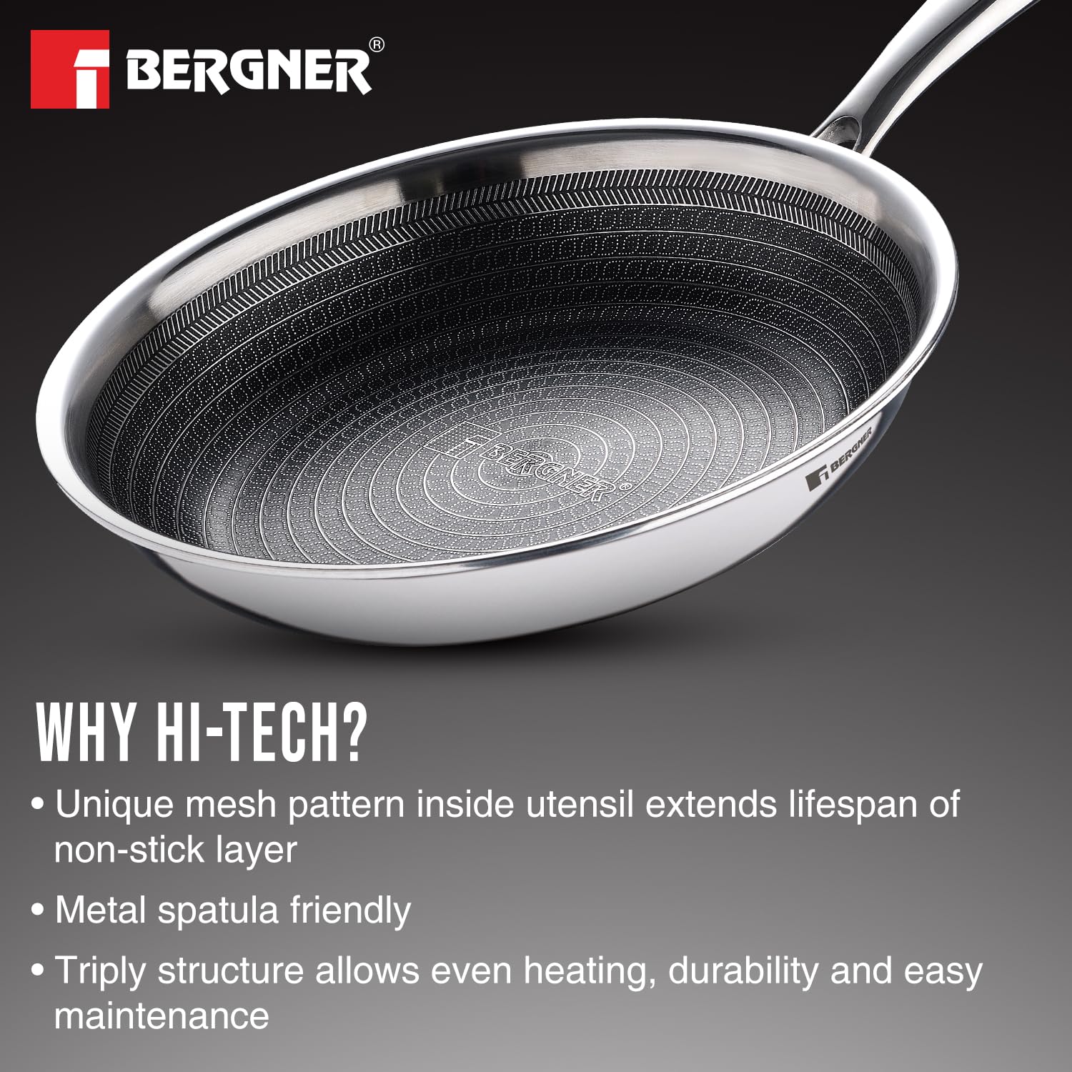 Bergner Hitech Prism Triply Stainless Steel Non Stick Frypan