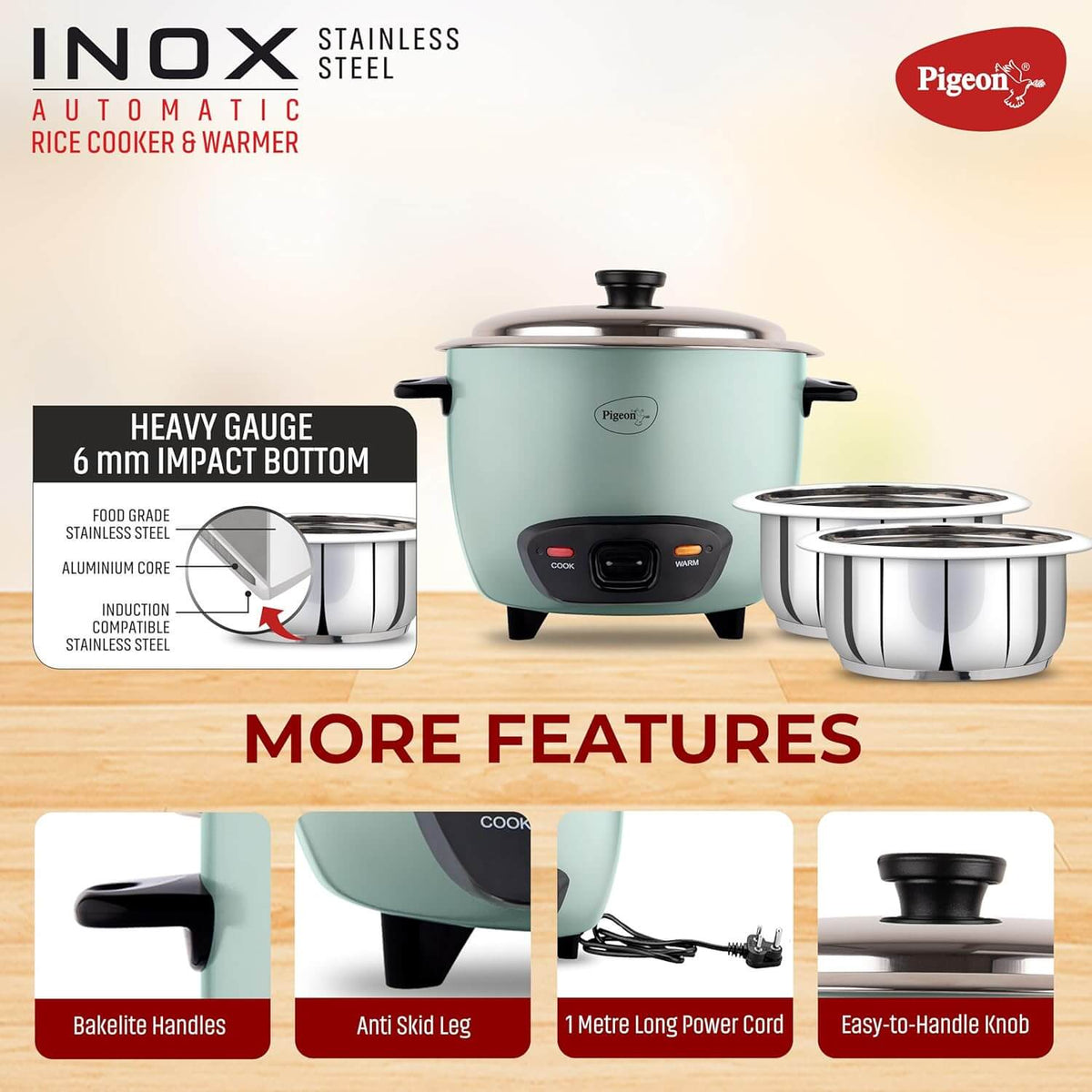 Pigeon Inox Rice Cooker, 1L | Stainless Steel Container | 400Watts