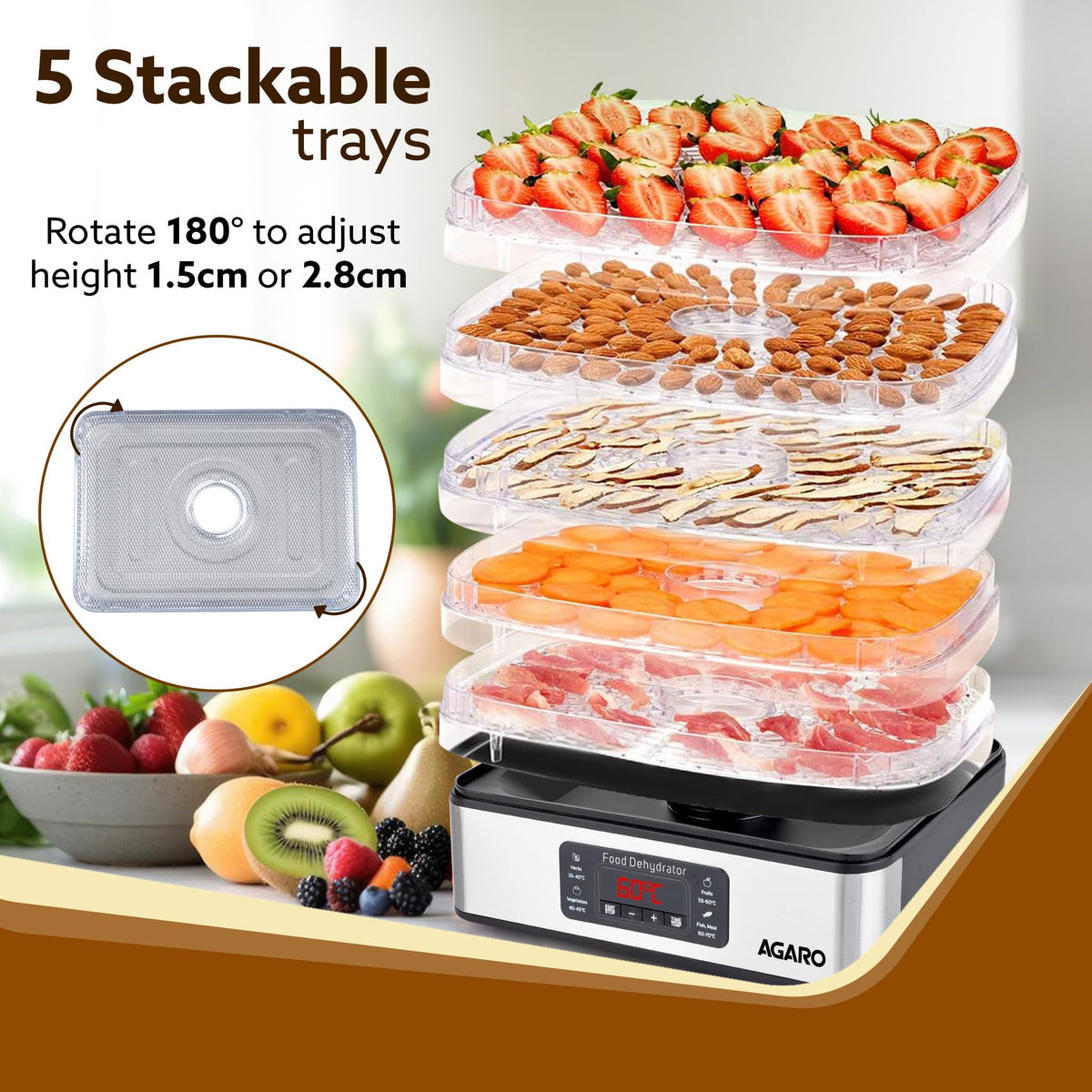AGARO Regal Food Dehydrator, 5 Stackable Stainless Steel Trays, Digital Adjustable Timer & Temperature Control, Food Preserver Machine with Drying Capacity for Fruits, herbs, Veggies