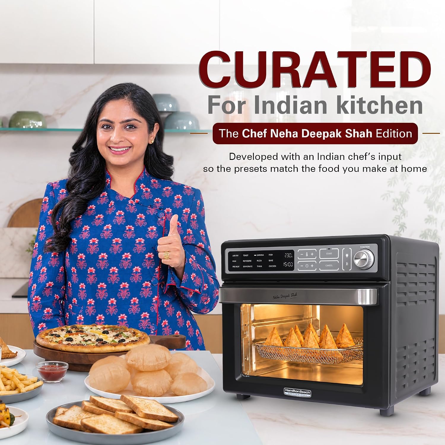 Hamilton Beach 25L air fryer oven Chef Neha Deepak Shah edition with puri, pizza and toast