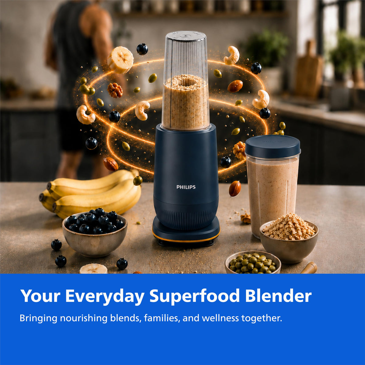 Philips HR2613/00 Mini Blender | 2 Blending Blades & 1 Frothing Blade | ProBlend Technology | 3 Unbreakable Food-Grade PC Jars | Blend & Carry | Smoothies, Protein Shakes, Cold Coffee & More (Blue)