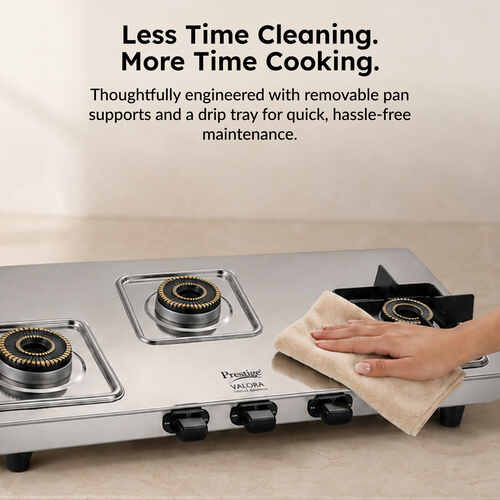 Prestige Valora 3 burner stainless steel gas stove removable pan supports for easy cleaning