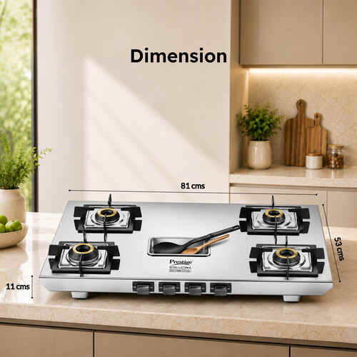 Prestige Stellora 4 burner gas stove glossy stainless steel body and metallic knobs