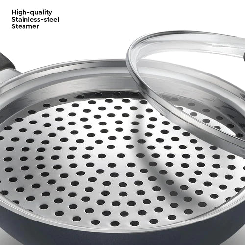 prestige omega deluxe granite multi-pan cookware 20cm with egg poacher, steamer and glass lid