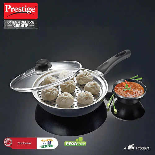 prestige omega deluxe granite multi-pan cookware 20cm with egg poacher, steamer and glass lid