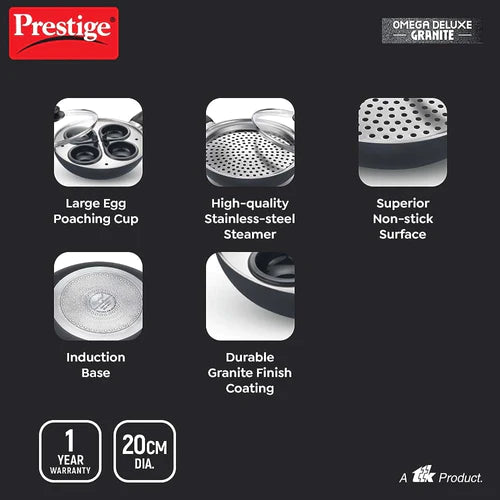 prestige omega deluxe granite multi-pan cookware 20cm with egg poacher, steamer and glass lid