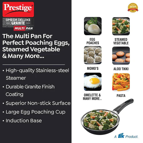 prestige omega deluxe granite multi-pan cookware 20cm with egg poacher, steamer and glass lid