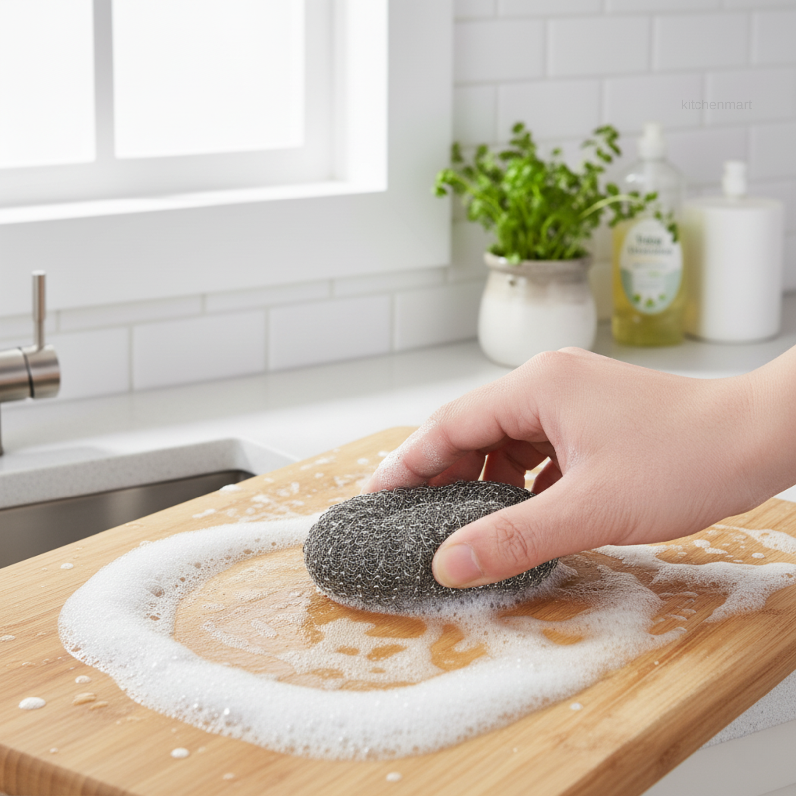 Hand using a scrubber on a soapy wooden cutting board in a kitchen.