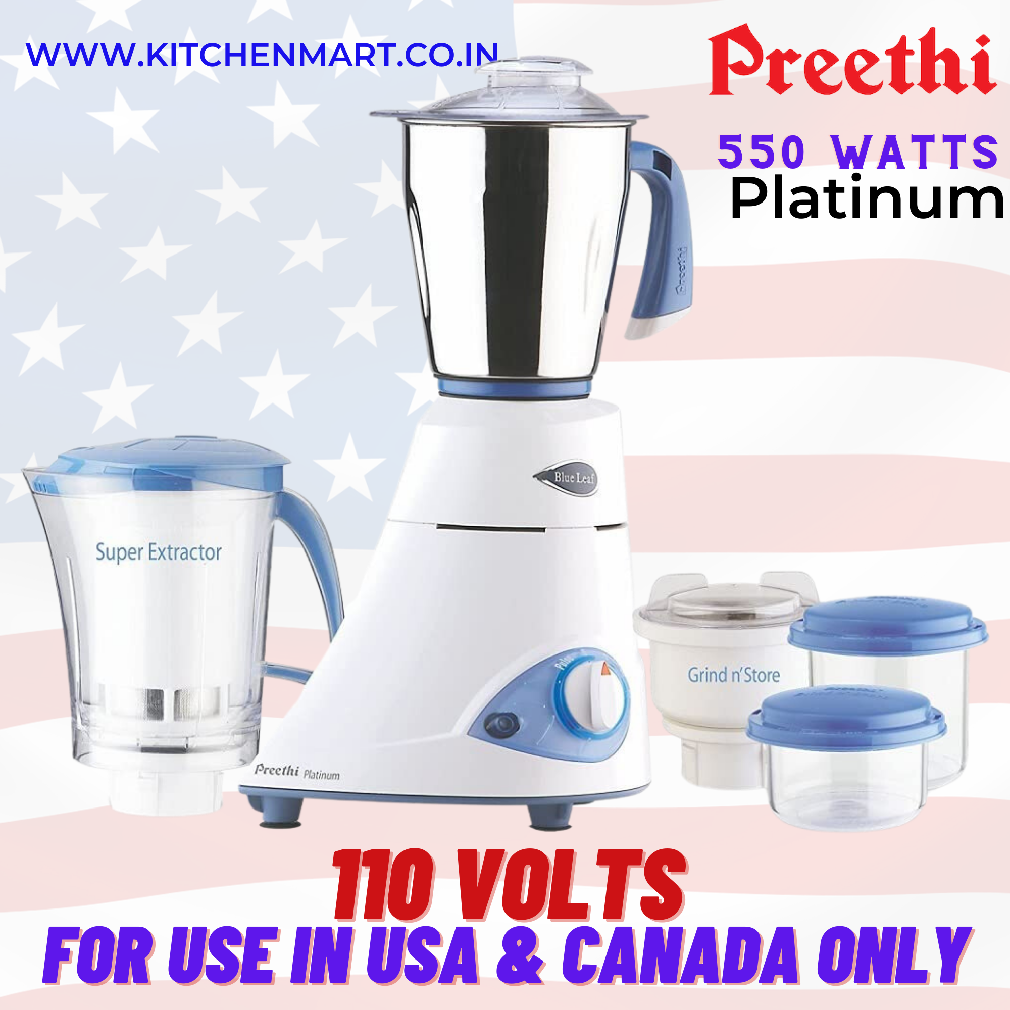 Preethi Platinum MG-153 550-Watt Mixer Grinder (White/Blue) 110 volts for use in USA and canada only