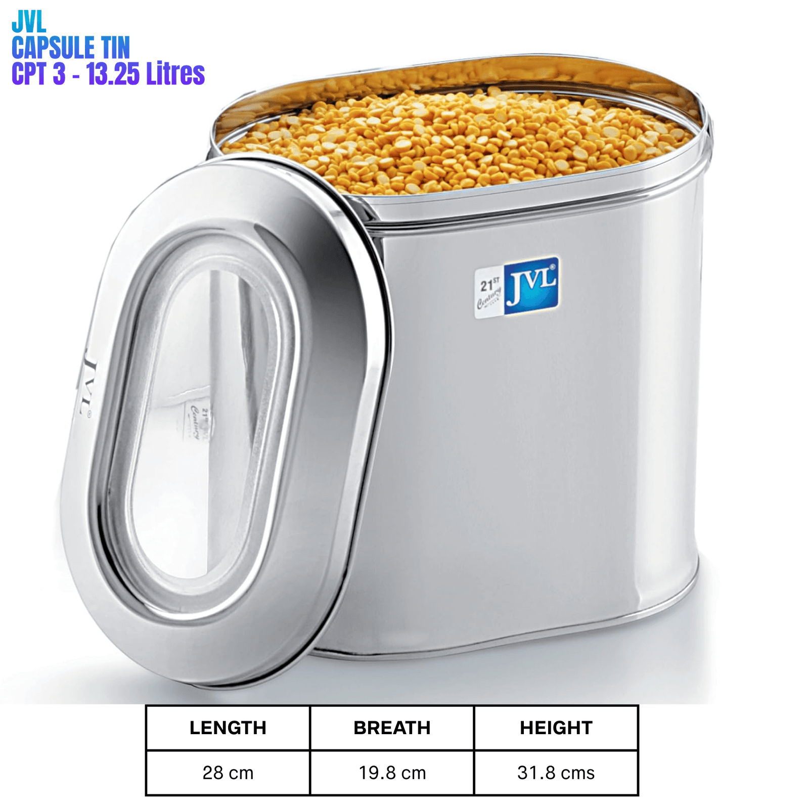 JVL stainless steel capsule tin food storage container with see-through lid, dimensions 28x19.8x31.8 cm, holds 13.25 litres.