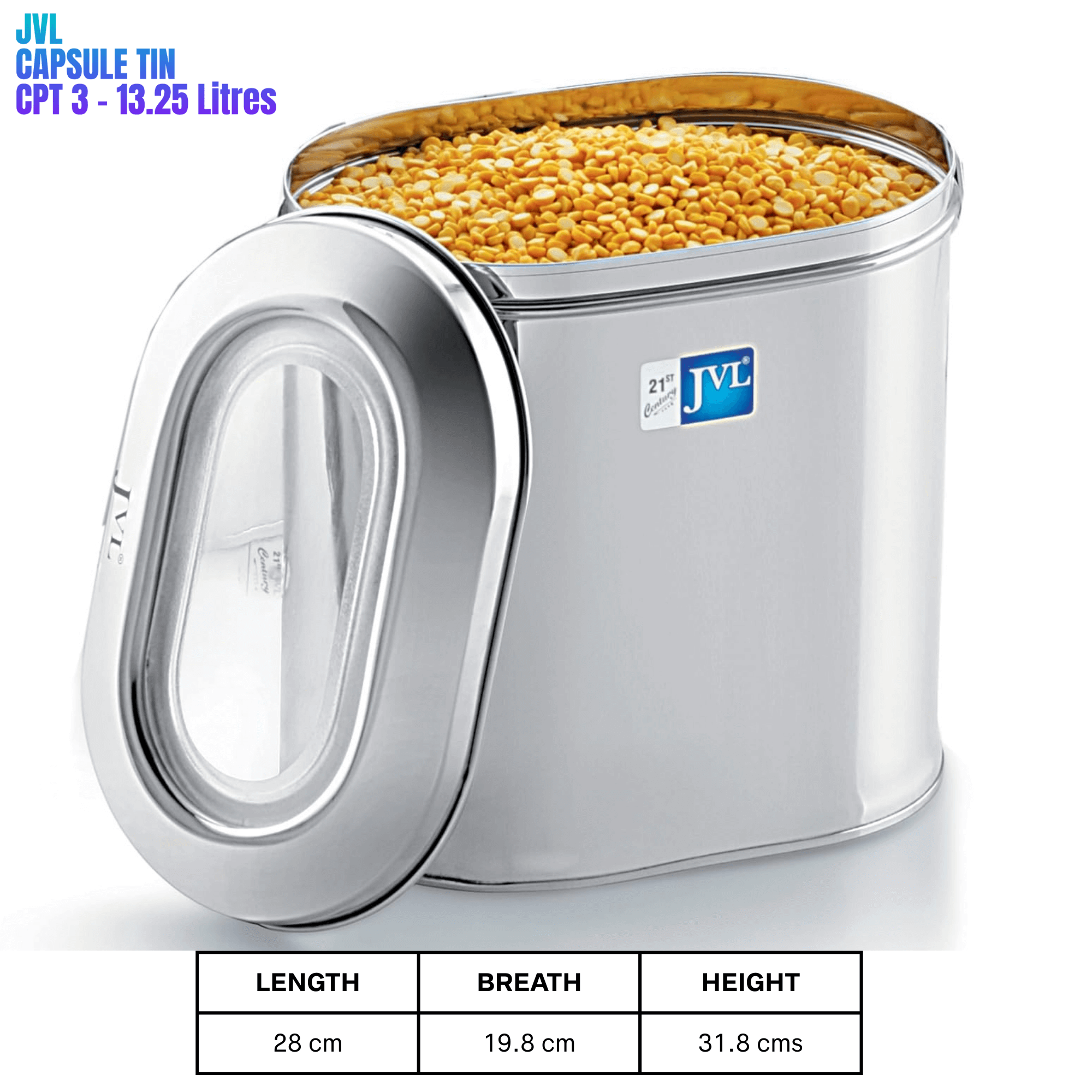 JVL stainless steel capsule tin food storage container with see-through lid, dimensions 28x19.8x31.8 cm, holds 13.25 litres.