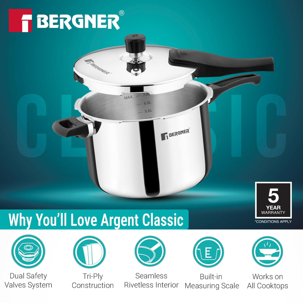 Bergner Argent Classic Triply Stainless Steel Pressure Cooker - Premium Quality