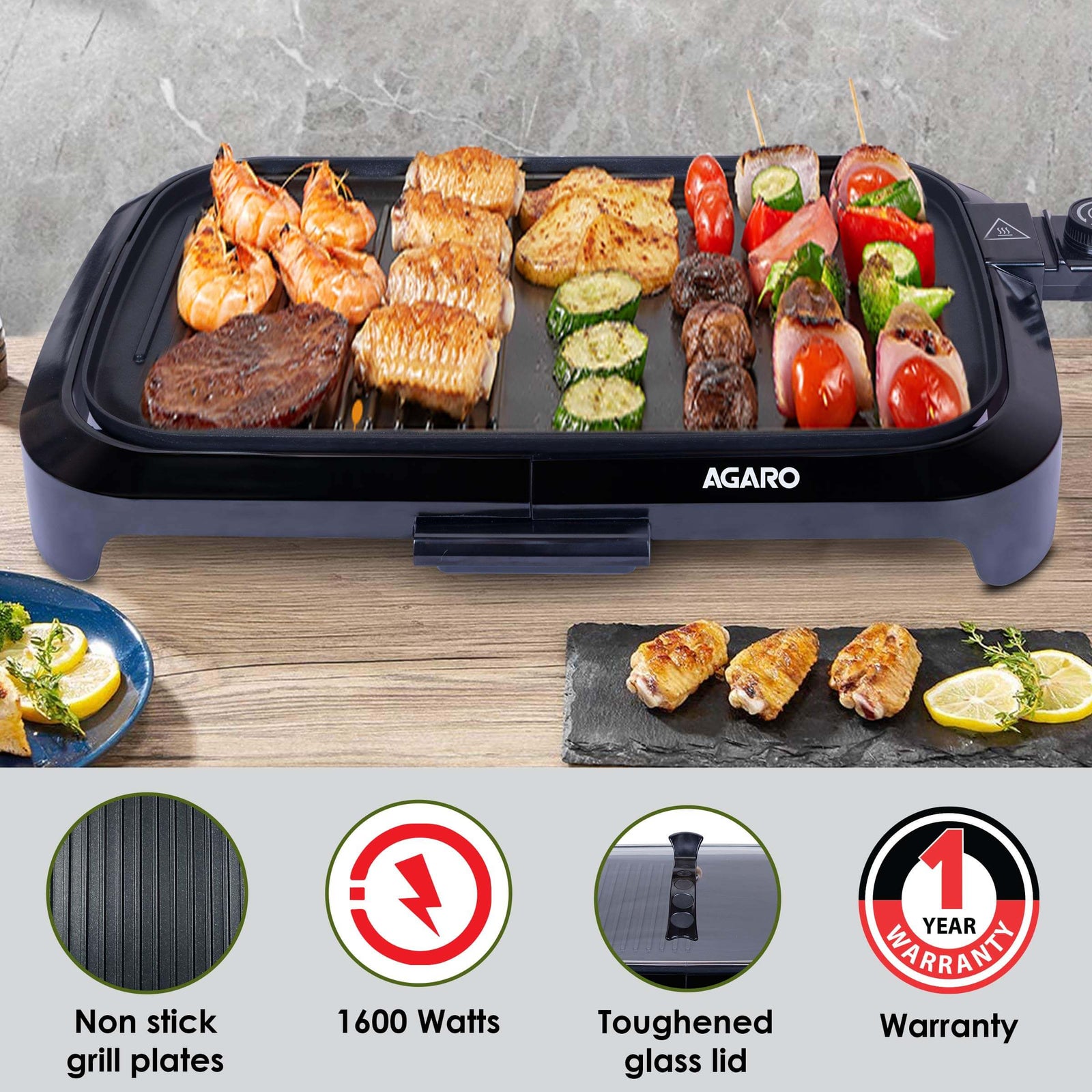 Complete set of AGARO 1600W Barbeque Griller with accessories
