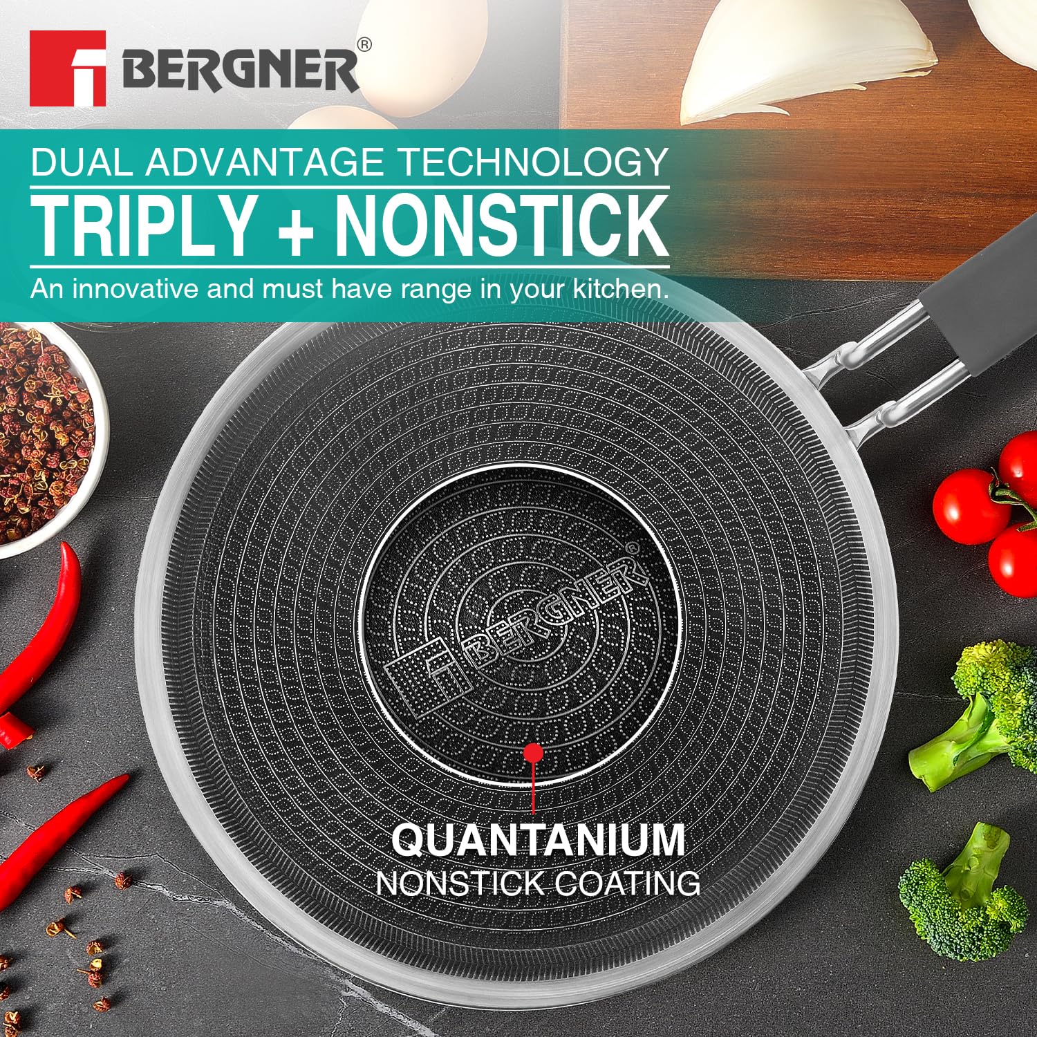 Close-up view of honeycomb Quantanium coating on BERGNER tri-ply roti tawa surface
