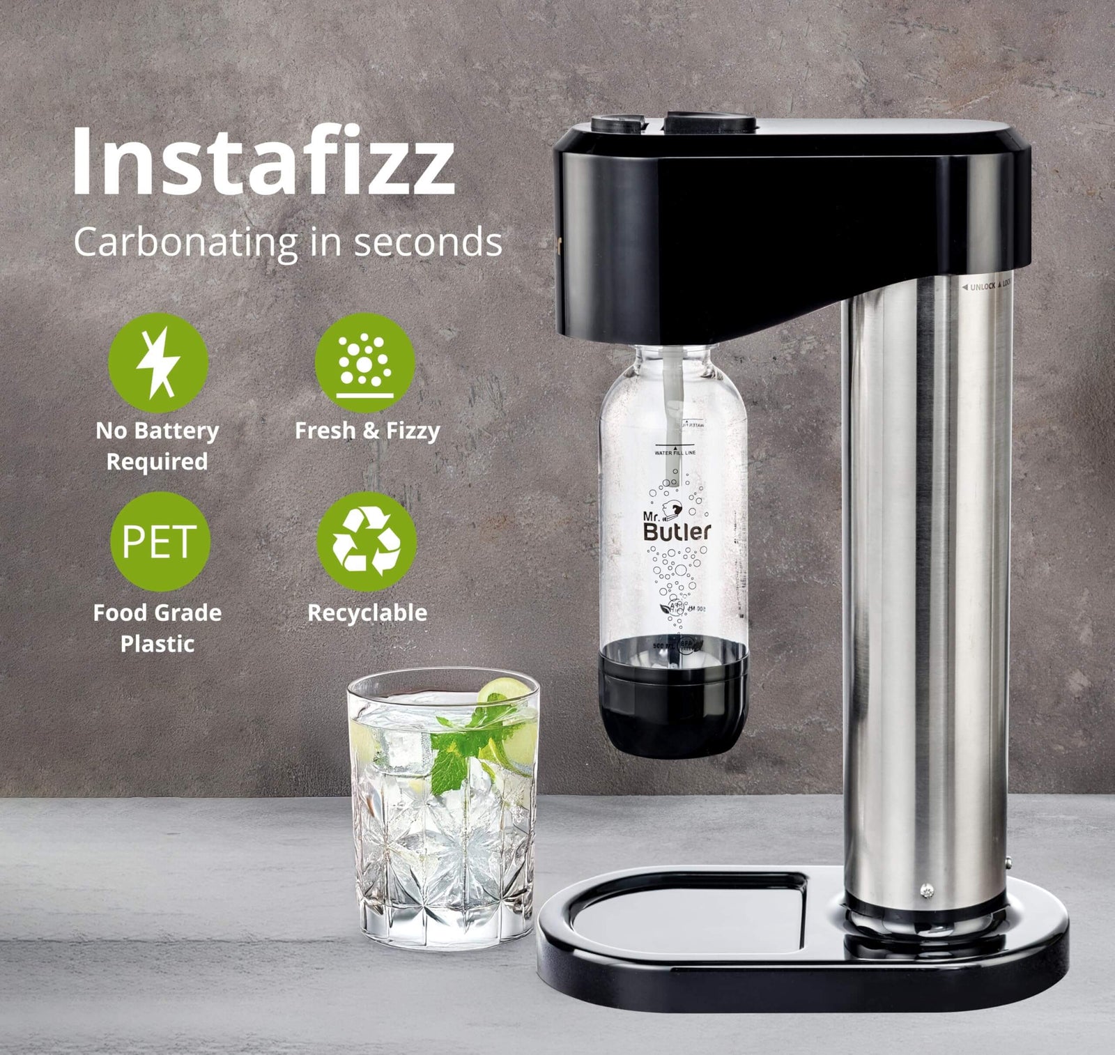 Mr. Butler Instafizz Sodamaker silver and black instafizz
