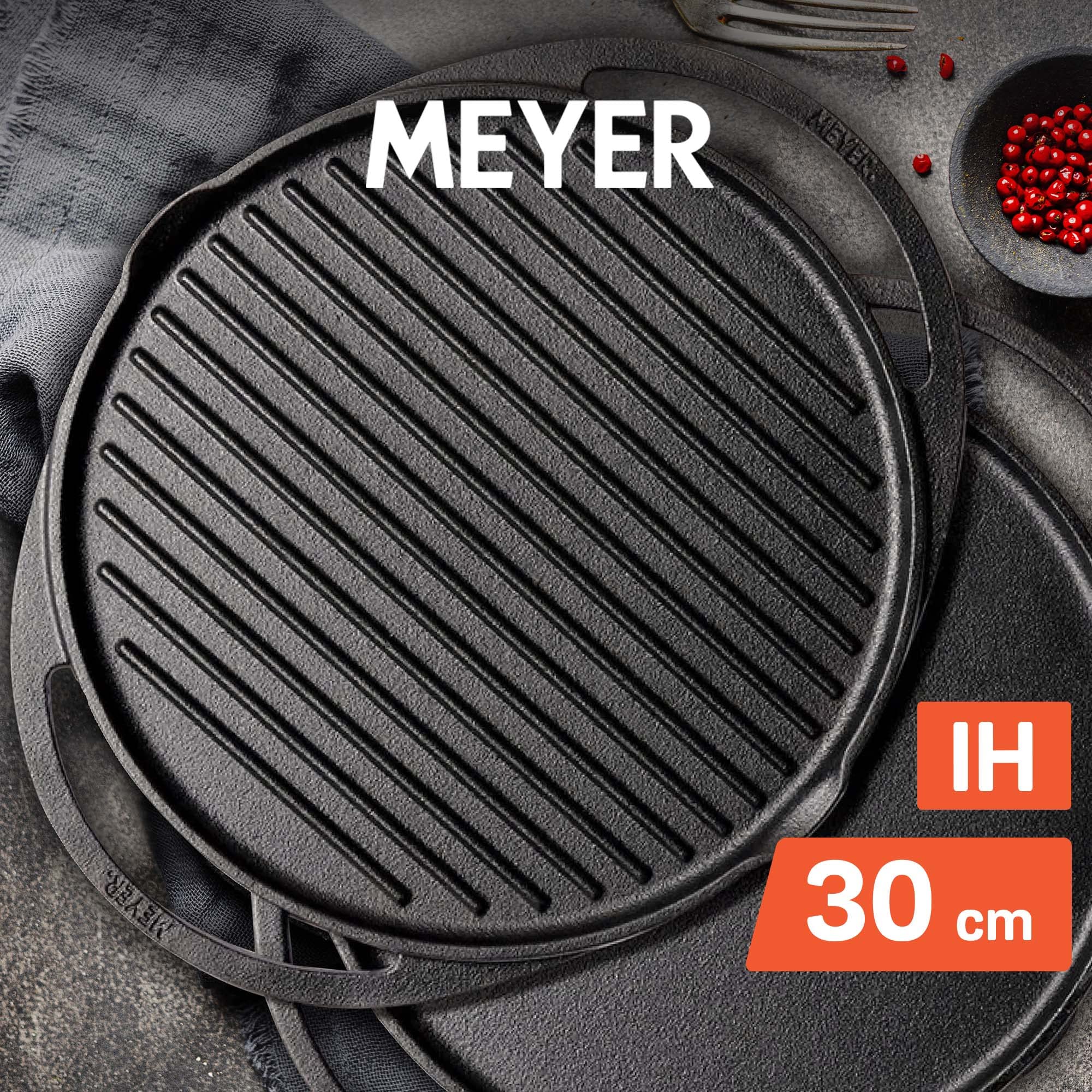 Meyer Pre-Seasoned Cast Iron 2 in 1 Grill and Griddle Pan | Cast Iron Tawa for Dosa | Iron Cookware for Kitchen | Roti Tawa Cast Iron | Cast Iron Grill Pan | Iron Tava Big Size, 30cm, Black