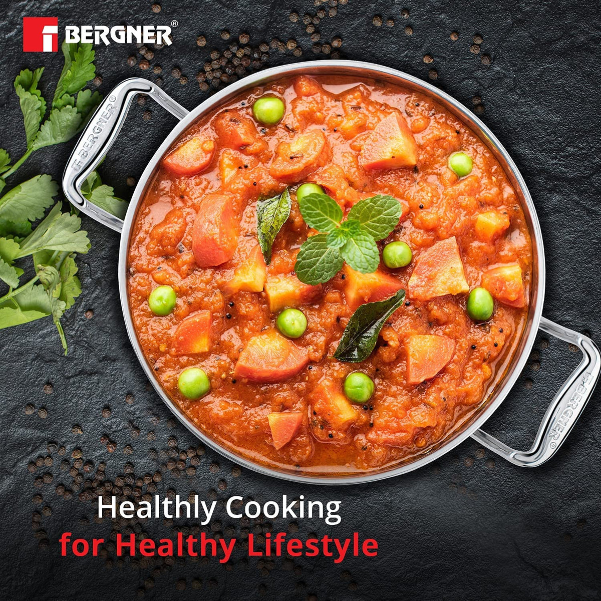 Bergner Argent Triply Deep Kadai, Stainless Steel Lid, For Sauté/Deep Fry/Gravy/Stir Fry/Steam, Heat Resistant Handles, Multi-Layered Mirror Finish, Induction & Gas Ready, 5-Year Warranty