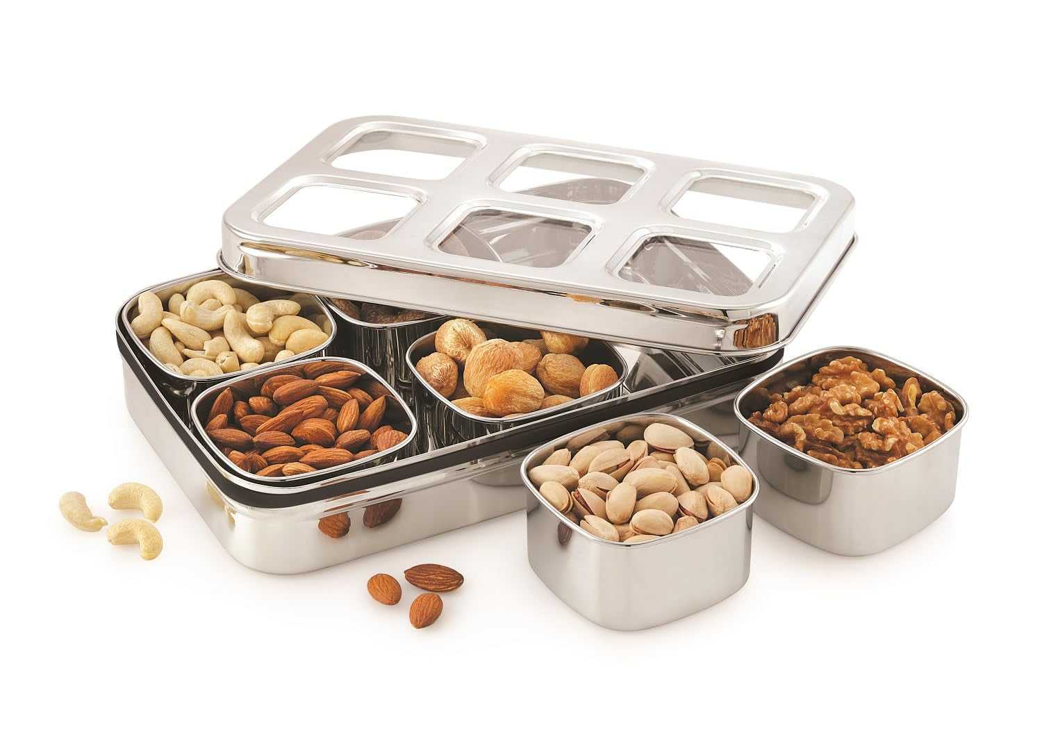JVL Vista stainless steel dry fruit container with 6 compartments in silver
