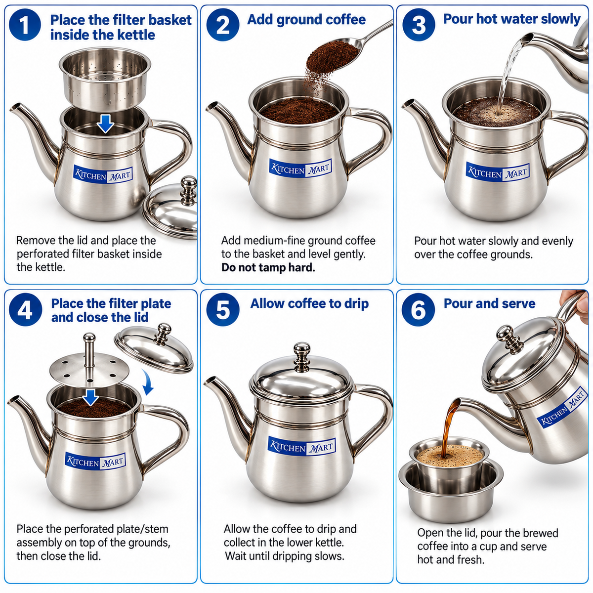 Kitchen Mart Stainless Steel Coffee Kettle with Filter – South Indian Drip Coffee Maker