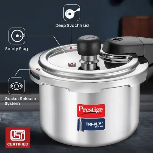Prestige Svachh Triply Induction Base Outer Lid Pressure Cooker - Deep Lid, Spillage Control, 5-Year Warranty