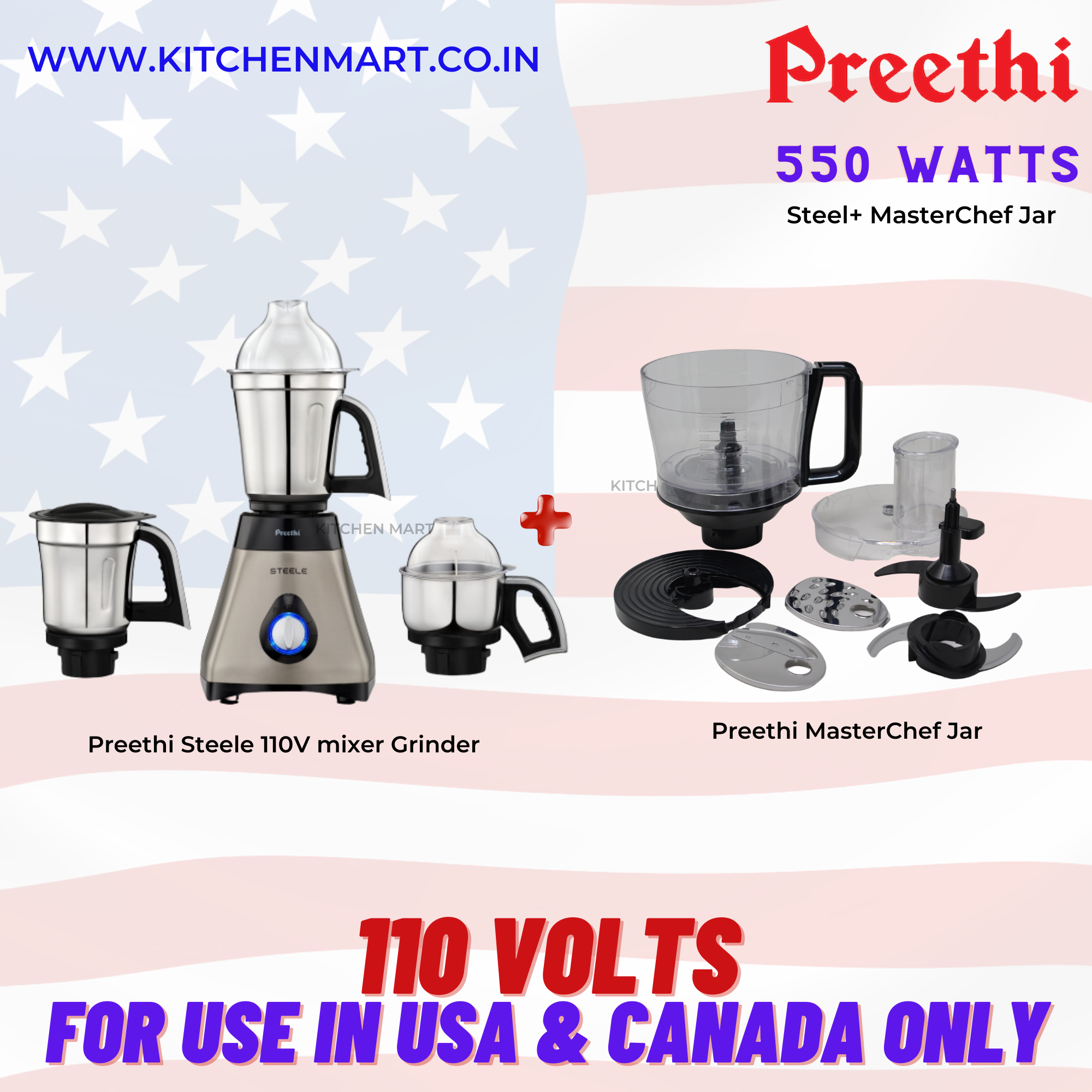 Preethi Steele MG 206 110V, 550-Watt Mixer Grinder with Masterchef Jar - 110 Volts EXCLUSIVELY for USA & Canada!