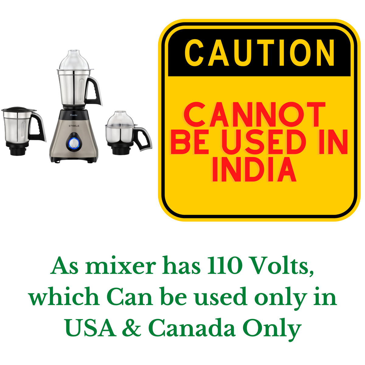 Preethi Steele MG 206 110V, 550-Watt Mixer Grinder with Masterchef Jar - 110 Volts EXCLUSIVELY for USA & Canada!